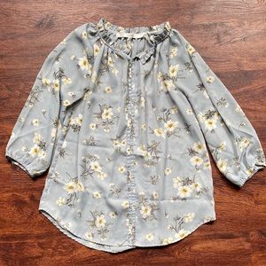 ModCloth Floral 3/4 Sleeve Blouse XS Blue & Grey